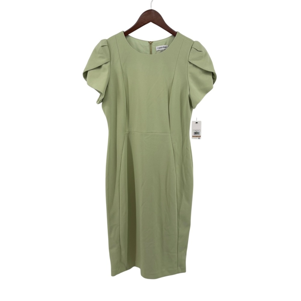Calvin Klein Sage Green Tulip Sleeve Sheath Dress Size 12 NWT Minimalist